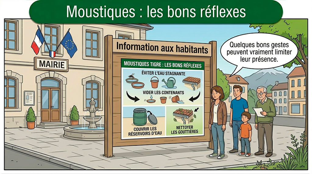 Affiche municipale de prévention sur les moustiques devant une mairie