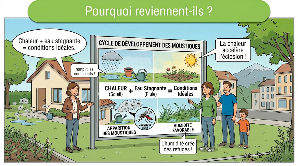 Cycle de développement des moustiques favorisé par la chaleur et l'eau stagnante