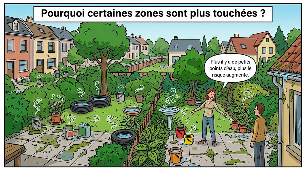 Jardins et extérieurs avec plusieurs petits points d'eau favorisant les moustiques
