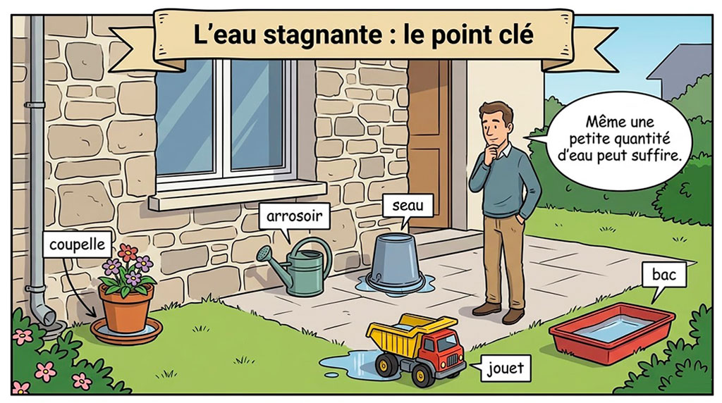 Exemples d'eau stagnante autour d'une maison favorisant les moustiques