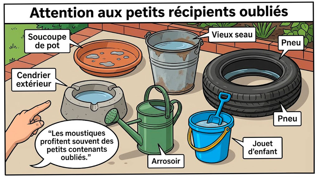 Petits récipients oubliés contenant de l'eau et attirant les moustiques