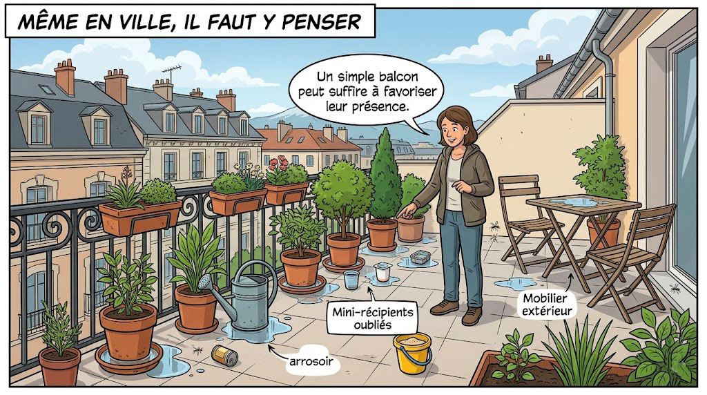Balcon urbain avec soucoupes et petits contenants favorisant les moustiques