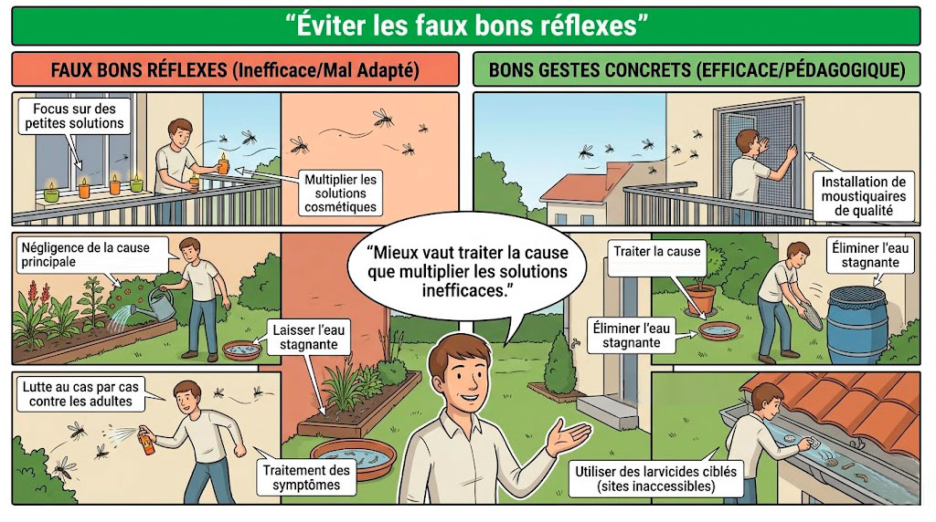 Comparatif entre mauvais réflexes et bons gestes contre les moustiques