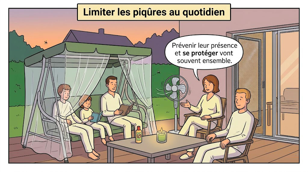 Famille utilisant moustiquaire et protections simples contre les piqûres