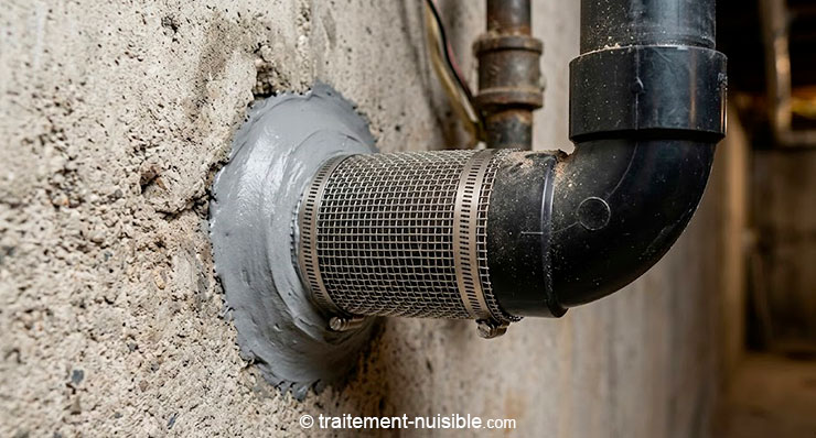 Bouchage d’un passage de tuyau avec grillage métallique anti-rongeurs et mastic