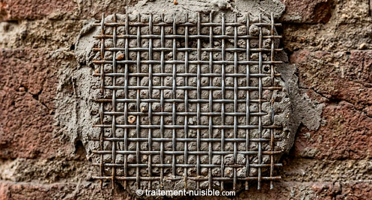 Bouchage d’un trou de passage de rongeur avec grille métallique et mastic