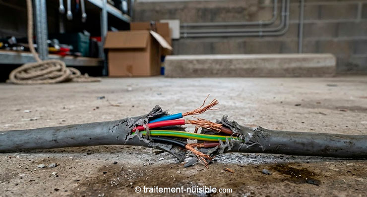 Câble électrique rongé avec gaine abîmée signe de rongeurs