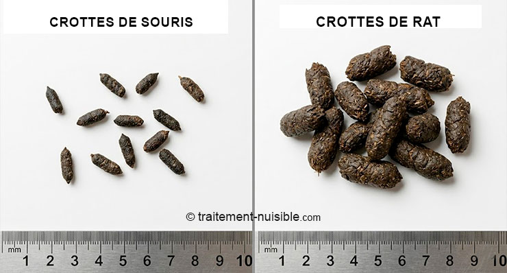 Comparaison visuelle crottes de souris vs crottes de rat sur fond neutre
