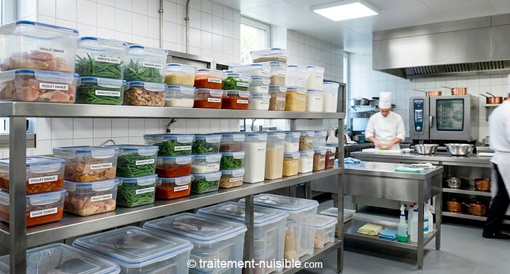 Stockage en cuisine professionnelle avec bacs hermétiques sur étagères