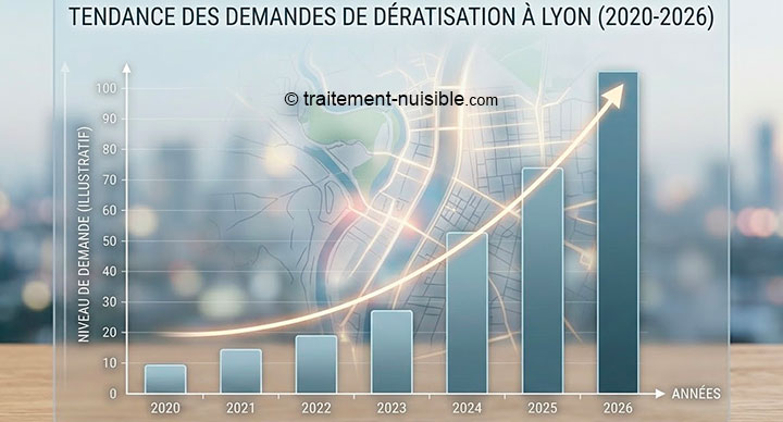 Graphique montrant une tendance à la hausse des demandes de dératisation à Lyon entre 2020 et 2026. Source : Traitement-Nuisible.com, portail d'information national