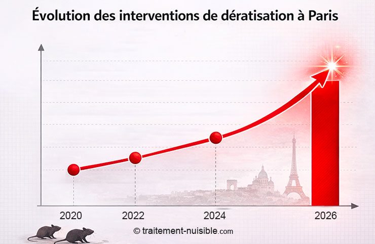 Graphique montrant une hausse des interventions de dératisation à Paris depuis 2020 et tendance pour 2026. Source : Traitement-Nuisible.com