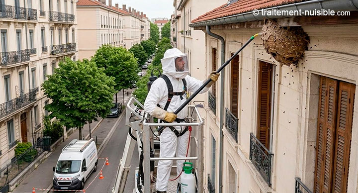 Destruction d’un nid de frelon à Lyon avec intervention d’un technicien sur façade ou toiture en environnement urbain.