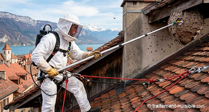 Intervention professionnelle sur nid de frelon en toiture avec perche télescopique, équipement de protection. 
