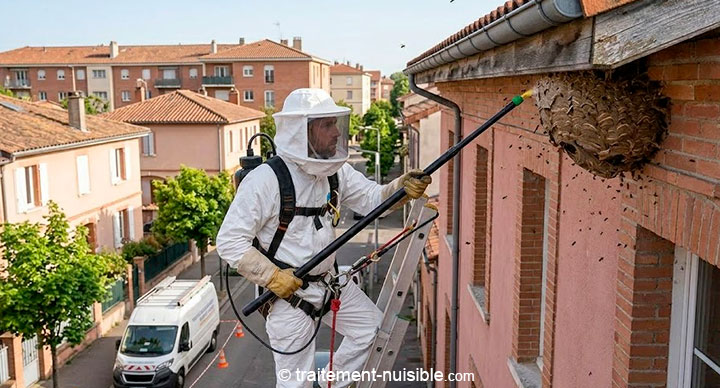 Destruction d’un nid de frelon à Toulouse avec intervention d’un technicien