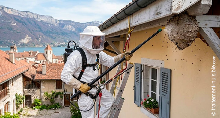 Destruction d’un nid de guêpes gratuit ou payant chez un particulier, avec technicien en intervention près d’une toiture de maison.