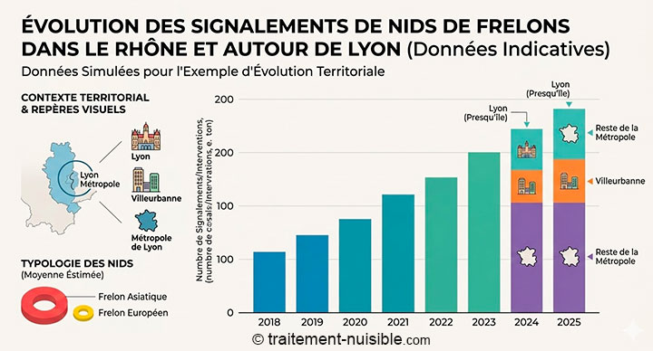Graphique montrant la hausse annuelle des signalements et demandes d’intervention pour nids de frelons dans le Rhône et la région lyonnaise. Source : Traitement-Nuisible.com