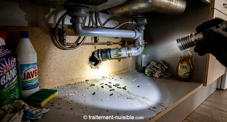 Inspection sous évier avec lampe pour rechercher traces et accès de rongeurs