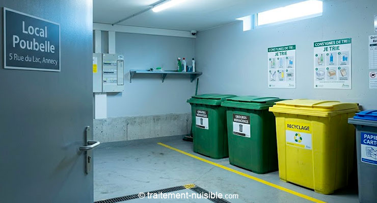 Local poubelle d’immeuble avec bacs fermés, zone souvent concernée par les rongeurs