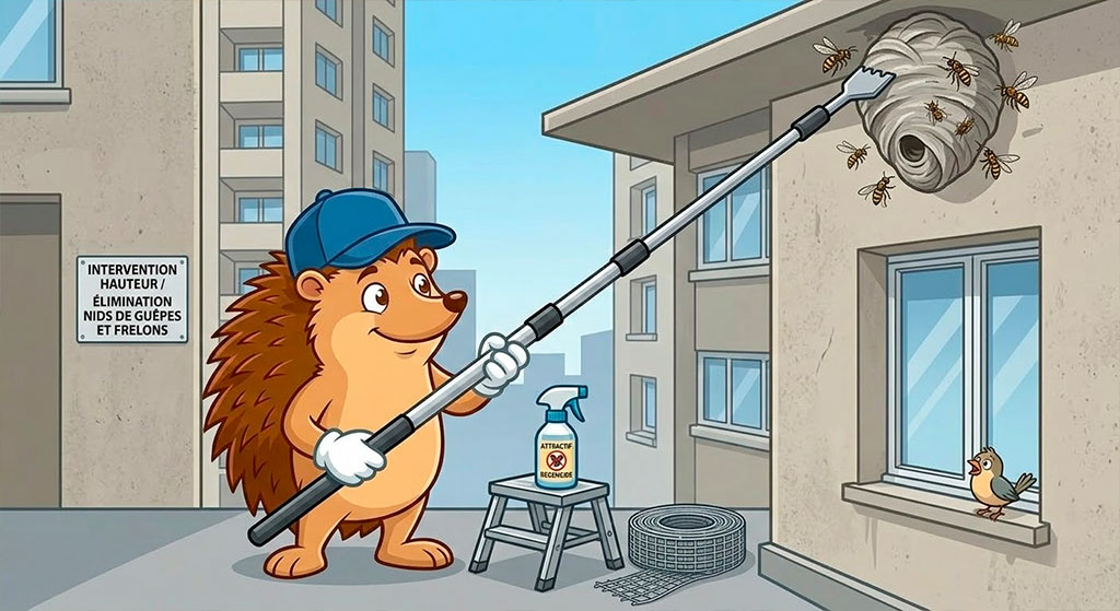 Nid de frelon en hauteur : arbre ou toiture, intervention à la perche