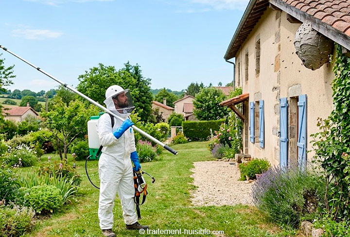 Nid de frelon que faire avec observation à distance et professionnel préparant une intervention en extérieur