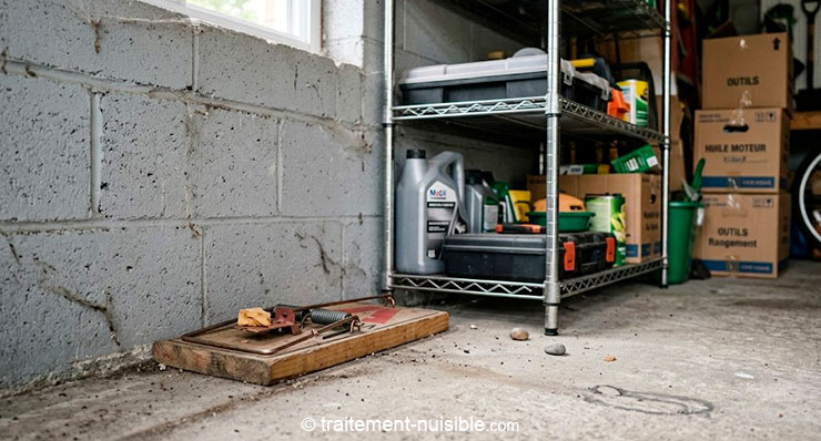 Tapette à rat positionnée le long d’un mur près d’une zone de passage