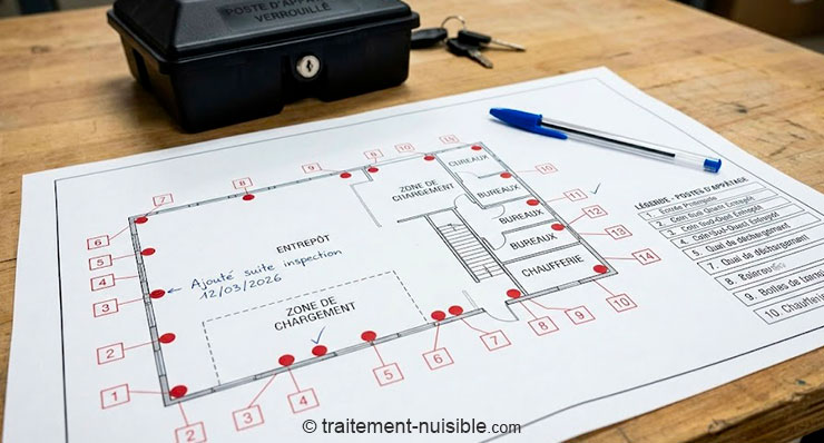 Plan d’implantation de postes de dératisation avec repères numérotés
