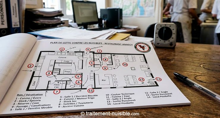 Plan d’un restaurant avec repères d’emplacements de postes de dératisation