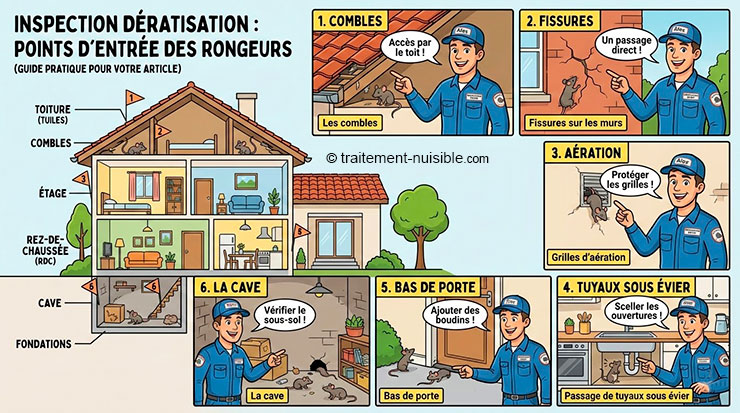 Schéma d’une maison avec les points d’entrée fréquents des rongeurs : bas de porte, trous sous évier, aérations, cave, combles.