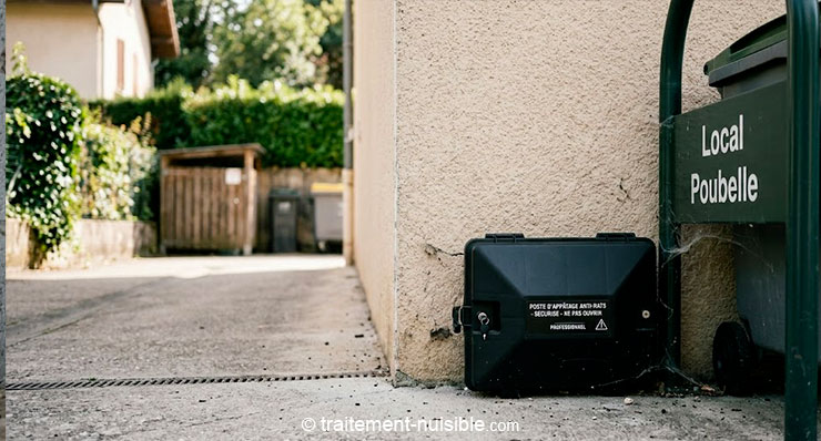 Poste d’appâtage sécurisé fermé positionné le long d’un mur extérieur