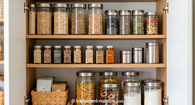 Aliments stockés dans des boîtes hermétiques en verre et métal pour éviter les rats 