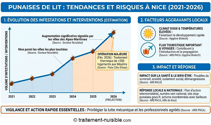 Tendance 2021-2026  des punaises de lit à Nice. Sources : Traitement-Nuisible.com, ARS PACA, Ville De Nice