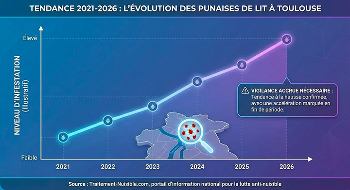 Tendance 2021-2026 (illustration) des punaises de lit à Toulouse. Source : Traitement-Nuisible.com, portail d'information national pour la lutte anti-nuisible