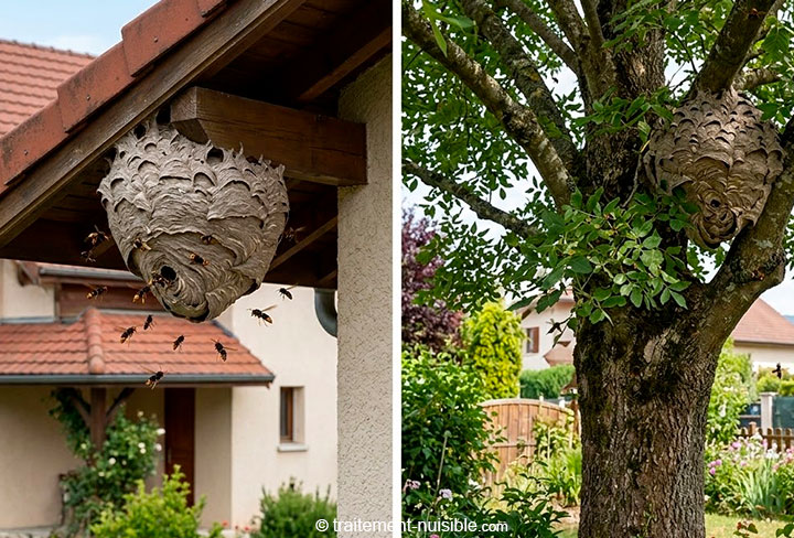 Reconnaître un nid de frelon avec comparaison visuelle d’un nid sous toiture et d’un nid en arbre