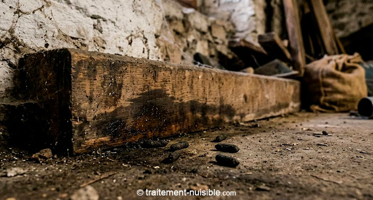 Traces de passage de rats le long d’un mur avec crottes à proximité