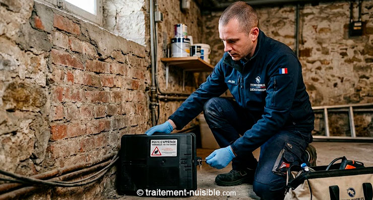 Technicien posant un poste d’appâtage sécurisé le long d’un mur dans une cave