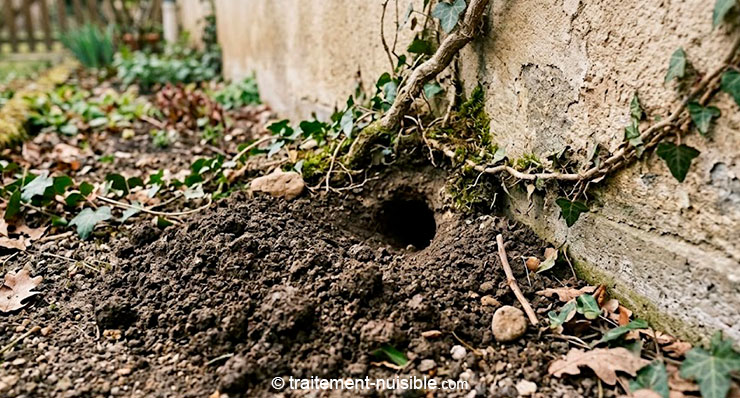 Trou de terrier de rat au pied d’un mur dans un jardin avec terre remuée