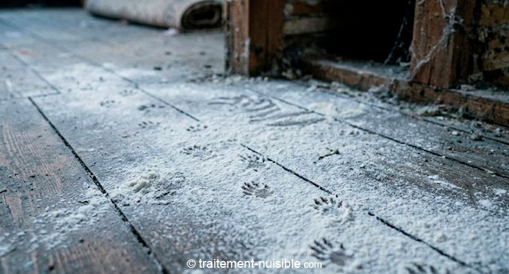 Test farine au sol pour révéler des empreintes de rongeur pendant la nuit