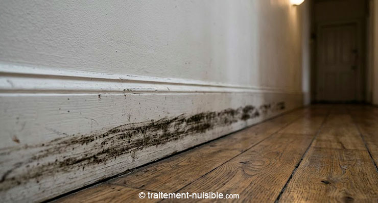 Trace sombre de frottement le long d’une plinthe indiquant un passage régulier