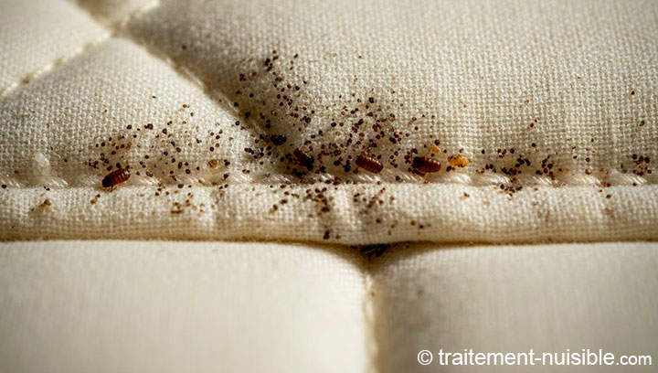 Zoom sur une couture de matelas infestée de points noirs (déjections de punaises)
