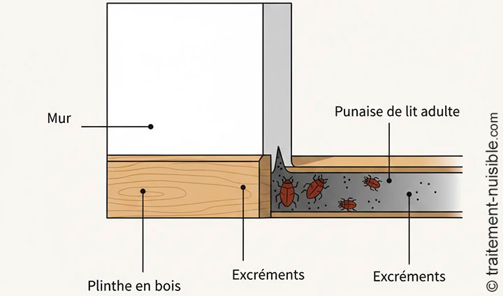 Schéma coupe transversale montrant des punaises cachées derrière une plinthe