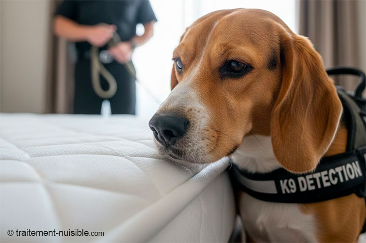 Un Beagle en pleine action de détection de punaise de lit sur un lit