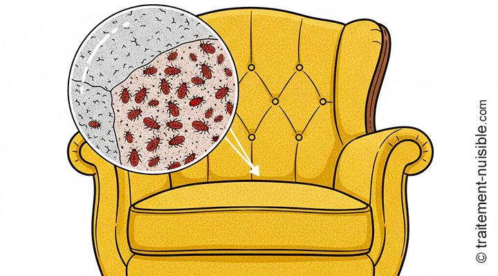 Illustration montrant des punaises cachées à l'intérieur d'un fauteuil d'occasion