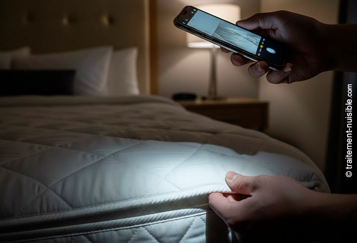 Inspection du matelas d'hôtel avec la lampe du téléphone