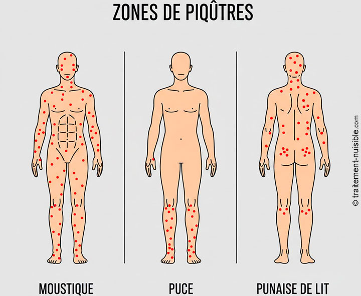 Schéma montrant les zones de piqures : Moustique (partout), Puce (jambes), Punaise (dos, bras, visage)