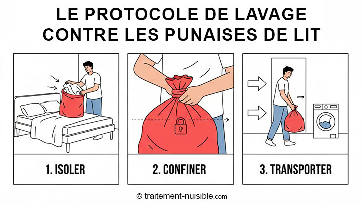 Illustration du transport sécurisé du linge infesté vers la machine