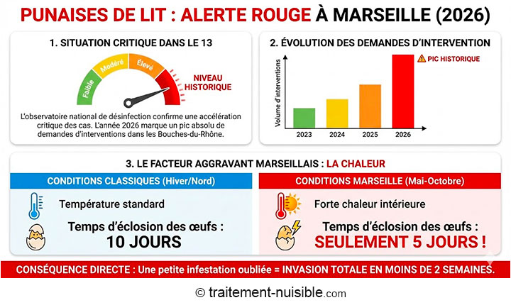 Tendance 2021-2026 (illustration) des punaises de lit à Marseille. Source : Traitement-Nuisible.com, portail d'information national pour la lutte anti-nuisible