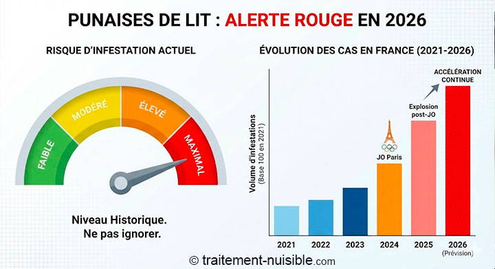 Tendance 2021-2026 (illustration) des punaises de lit à Paris. Source : Traitement-Nuisible.com, portail d'information national pour la lutte anti-nuisible