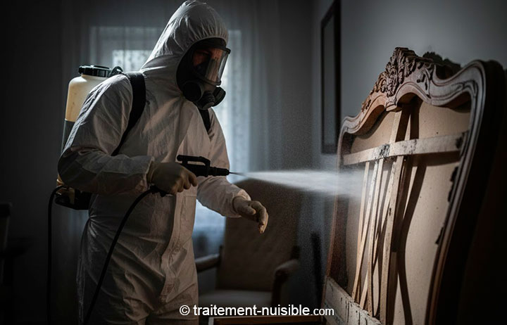 Technicien professionnel appliquant un traitement chimique derrière un lit